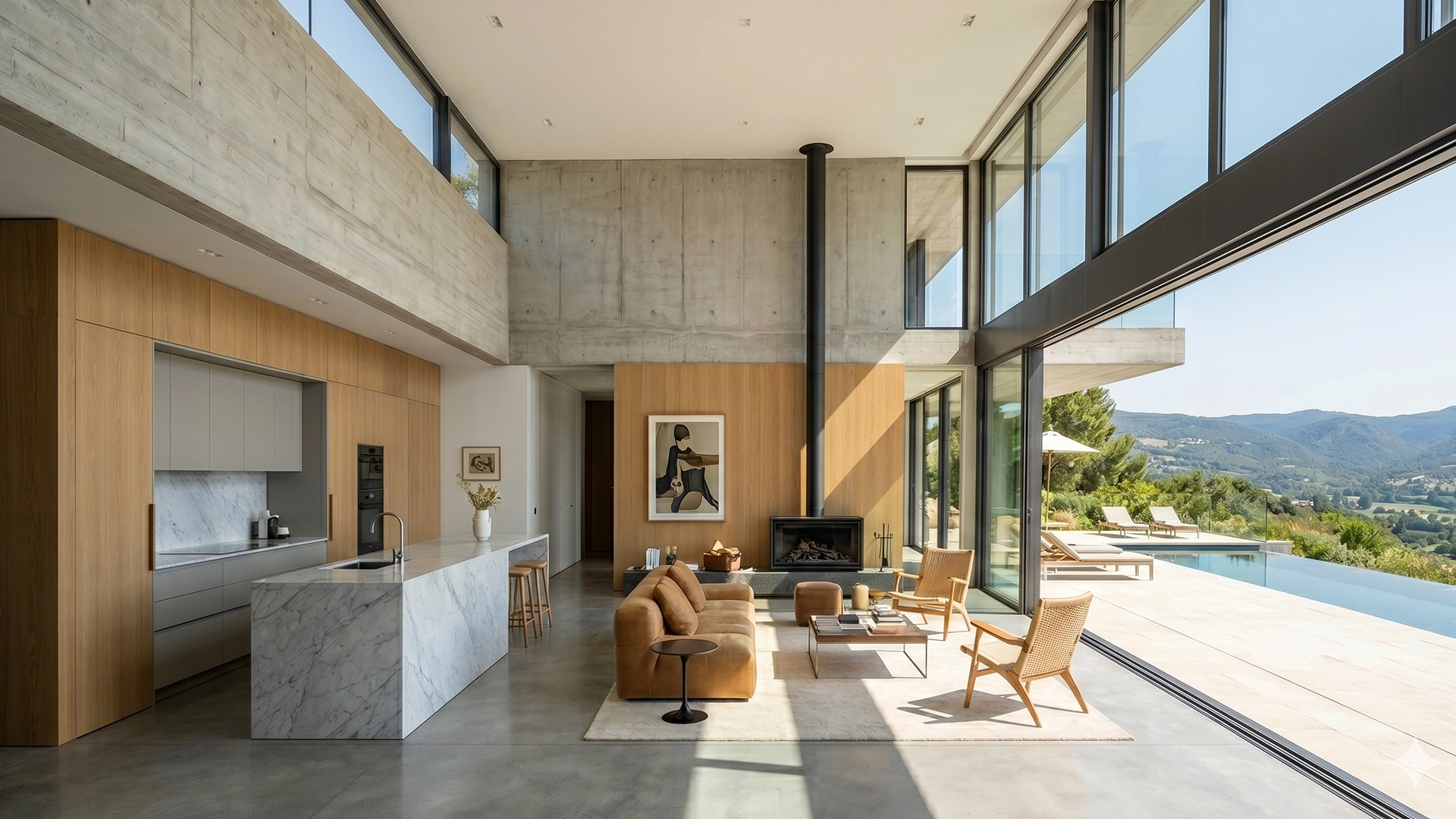 Photographie architecture intérieure – villa contemporaine béton et bois Intérieur contemporain double hauteur en béton brut et bois, avec îlot en marbre et vue panoramique sur la vallée — photographie architecture et immobilier par Heji