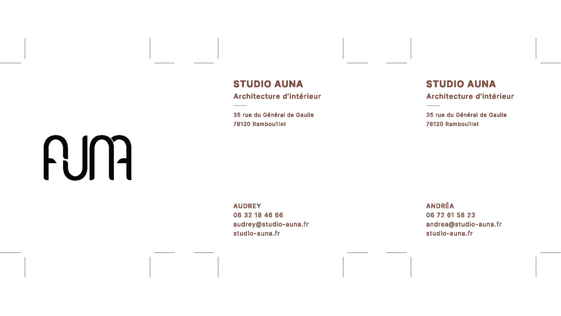 Mise en page carte de visite – Studio Auna, fichier prêt à l'impression Fichier de mise en page de cartes de visite Studio Auna avec traits de coupe, logo et coordonnées — mise en page print par Heji