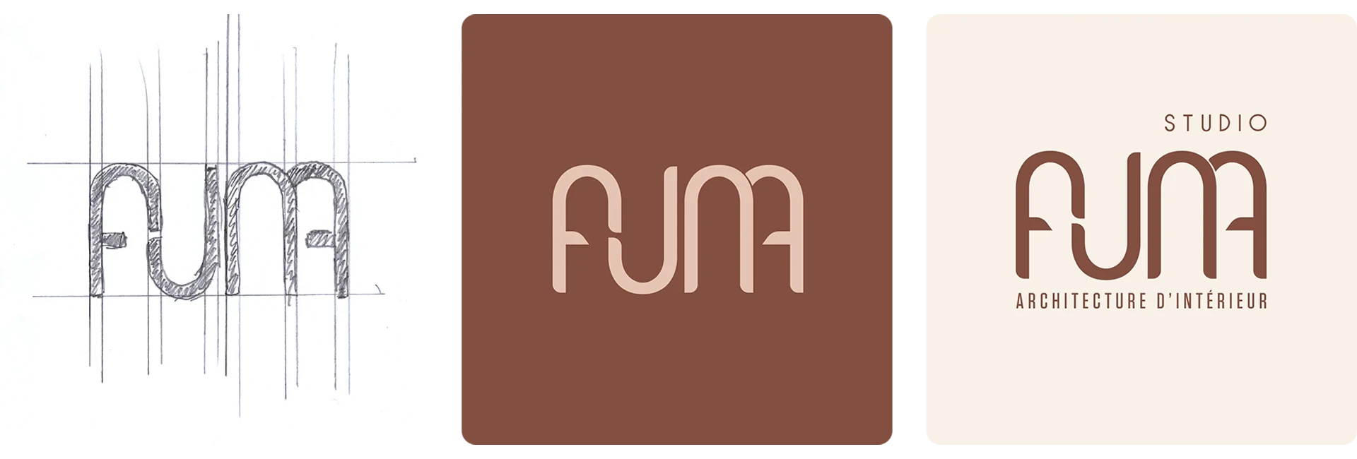 Making-of logotype Studio Auna – de l'esquisse au rendu final Triptyque du processus de création du logotype Studio Auna : esquisse au crayon, version colorimétrique et logotype combiné final — making-of identité visuelle par Heji