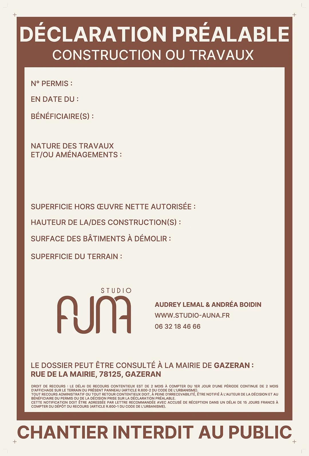Panneau de chantier Studio Auna – déclinaison identité visuelle Panneau de chantier réglementaire "Déclaration préalable" aux couleurs de Studio Auna, architecture d'intérieur — mise en page et déclinaison identité visuelle par Heji